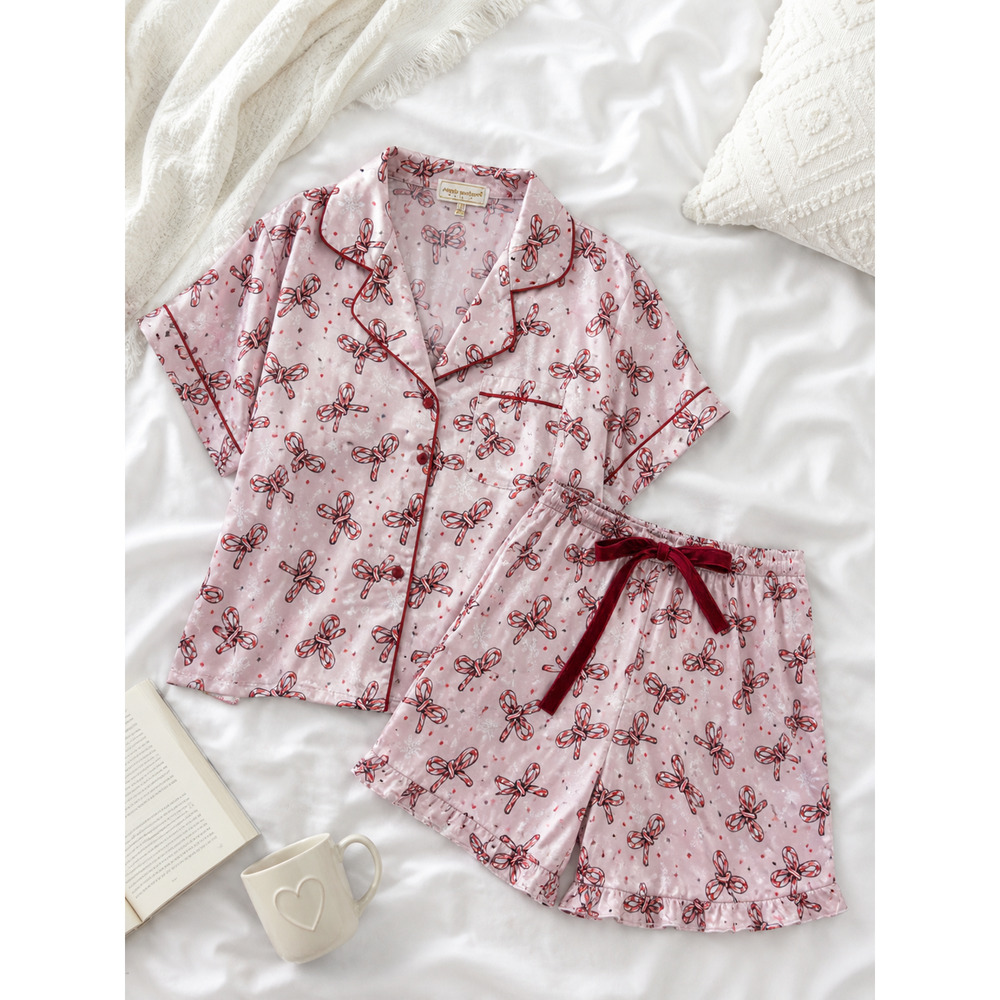 Simply Southern Pajama Set XL Satin Button-up Top Ruffle Shorts Candy Cane Bows